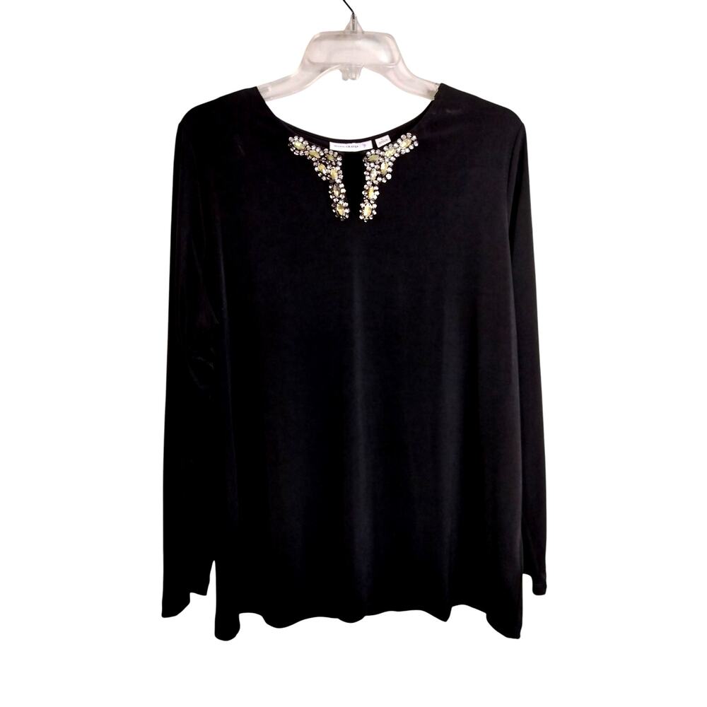 4325)Susan Graver Black Liquid Knit Bateau Neck Keyhole Embellished Stones Top L